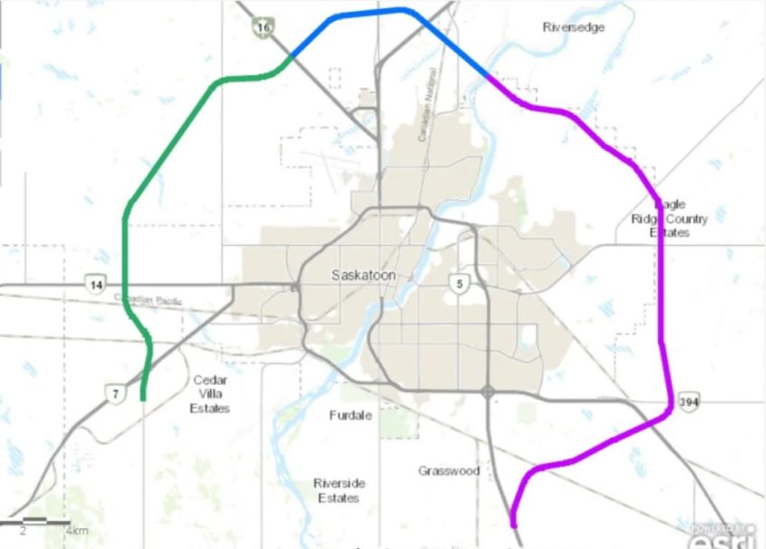 A map of Saskatoon that outlines three study phases of the proposed freeway.